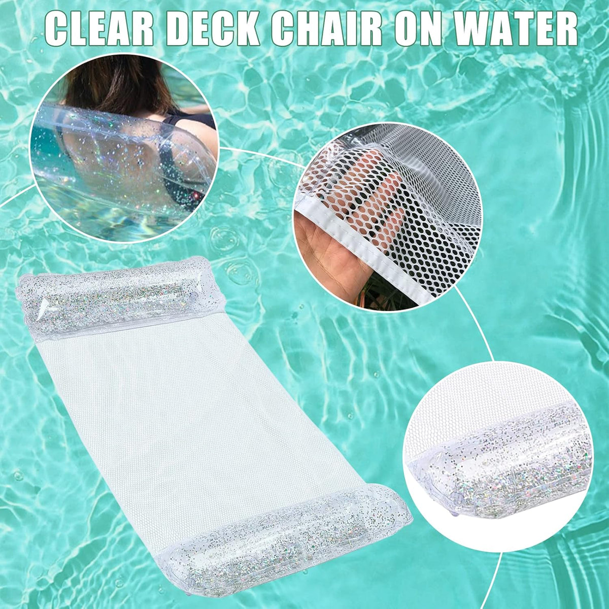 Hamac de Piscine Flottant Multifonction 4en1 Design Glitter, Confort Aquatique - أرجوحة المسبح العائمة والمريحة 4 في 1 بنسيج شبكي متين