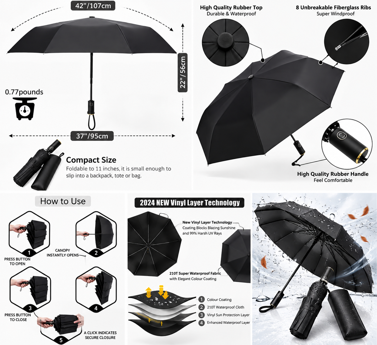Parapluie Automatique Coupe-Vent avec Protection UV Black - مظلة أوتوماتيكية مقاومة للرياح وأشعة الشمس
