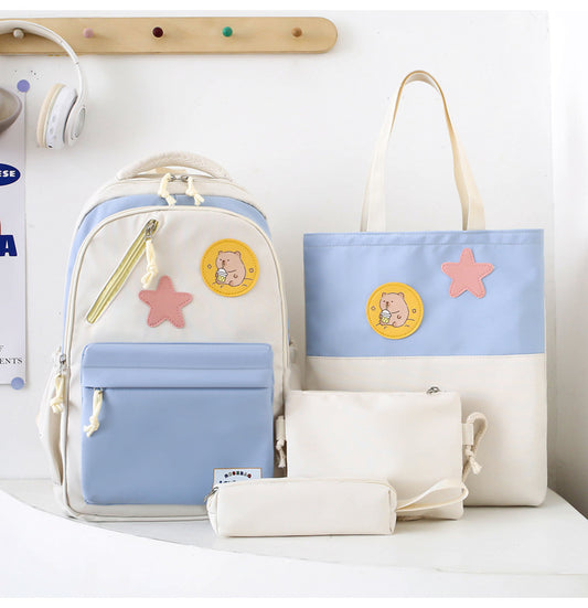 Sac à Dos Multifonctionnel Kawaii Grand Volume Imperméable et Résistant 4Pcs Bleu et Beige SACKDS02B - حقيبة ظهر بعدة قطع بتصميم كاوايي