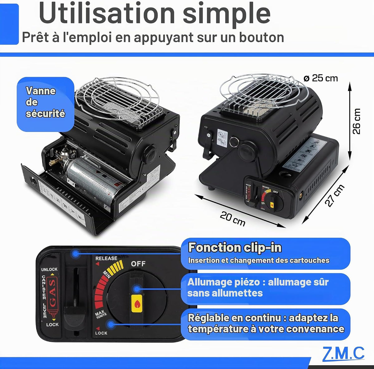 Chauffage à Gaz Portable 2 en 1 avec Allumage Piézo - مدفأة غاز محمولة 2 في 1 للتدفئة وتسخين الطعام