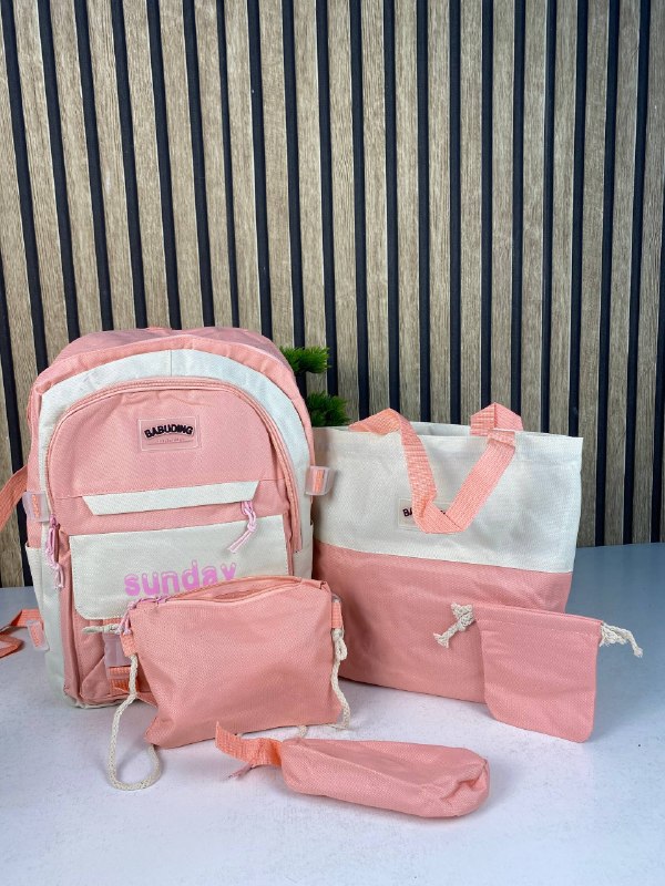 Sac à Dos Multifonctionnel Kawaii Grand Volume Imperméable et Résistant 5Pcs Rose SACKDS14RS - حقيبة ظهر بعدة قطع بتصميم كاوايي