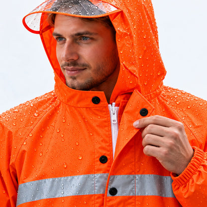 Imperméable Long Orange avec Capuche Transparente et Bandes Réfléchissantes - معطف مطر طويل بقبعة شفافة وعواكس ضوئية