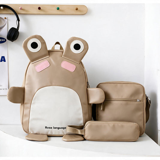 Sac à Dos Scolaires Enfant 3 en 1 Motif Grenouille Rose Language Style Dos Kawaii Marron SACKDS32MR - طقم حقائب مدرسية للأطفال 3 في 1 بتصميم الضفدع