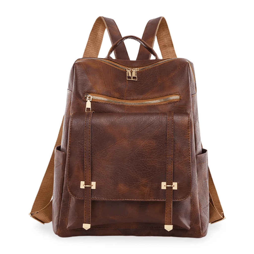 Sac à dos rétro en cuir synthétique pour femme marron - حقيبة ظهر نسائية من الجلد