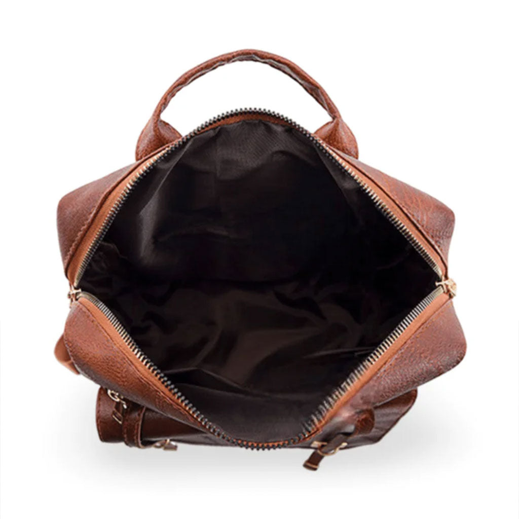 Sac à dos rétro en cuir synthétique pour femme marron - حقيبة ظهر نسائية من الجلد