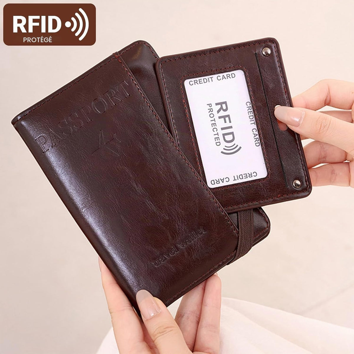 Porte-Passeport de Voyage en Cuir PU avec Protection RFID - محفظة جواز سفر جلدية متعددة الجيوب