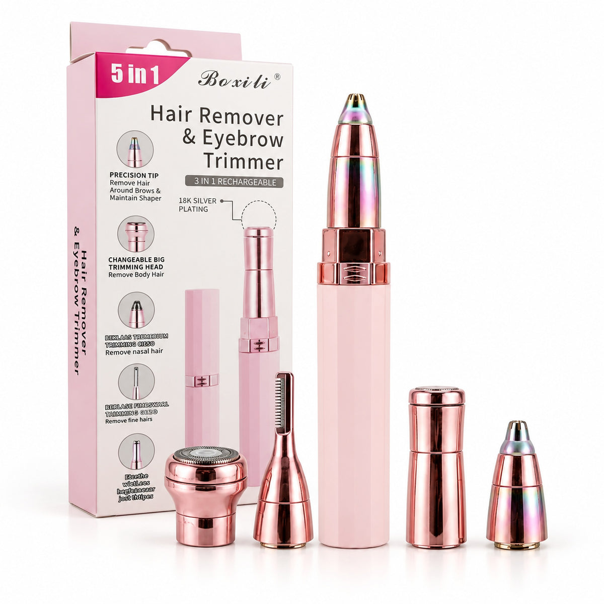 Épilateur Féminin 5 en 1 Rechargeable USB Boxili – جهاز إزالة الشعر النسائي 5 في 1 قابل للشحن مع 5 رؤوس متعددة الاستعمالات