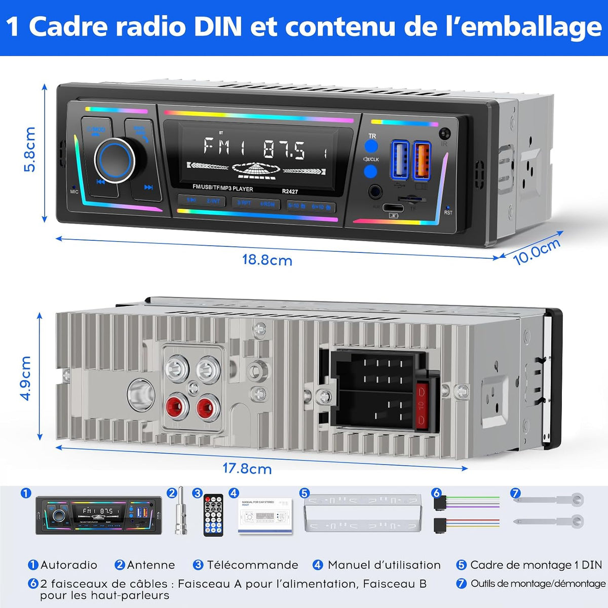 Autoradio Bluetooth 5.0 1DIN Charge Rapide USB et Type-C, Éclairage Personnalisable DSP et RDS - راديو سيارة بلوتوث مع منفذي شحن