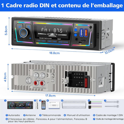 Autoradio Bluetooth 5.0 1DIN Charge Rapide USB et Type-C, Éclairage Personnalisable DSP et RDS - راديو سيارة بلوتوث مع منفذي شحن