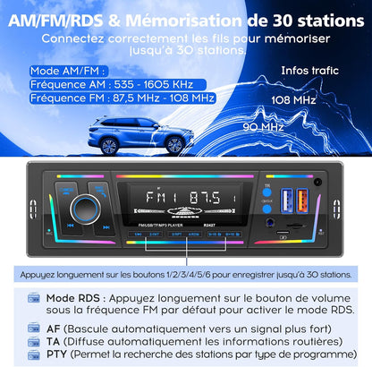 Autoradio Bluetooth 5.0 1DIN Charge Rapide USB et Type-C, Éclairage Personnalisable DSP et RDS - راديو سيارة بلوتوث مع منفذي شحن