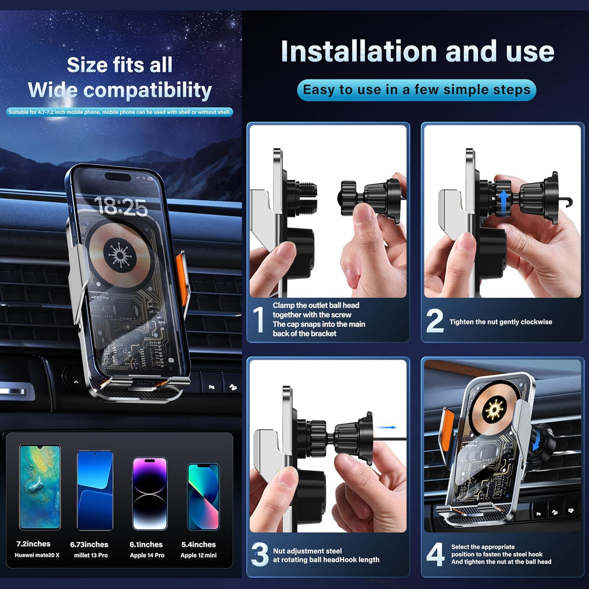 Support Téléphone Voiture avec Chargeur Sans Fil 15W Modèle C10 Design Transparent - حامل هاتف للسيارة مع شاحن لاسلكي سريع 15 واط موديل