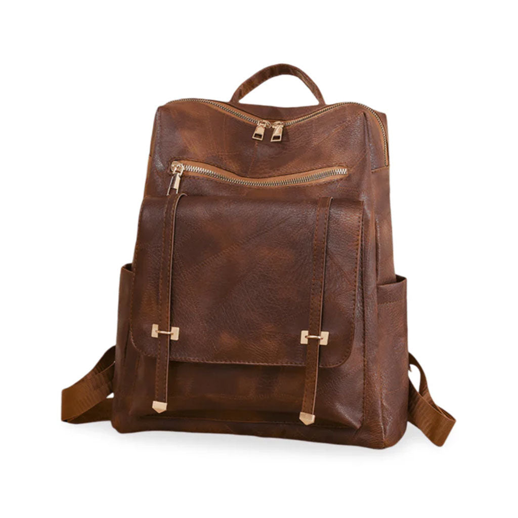 Sac à dos rétro en cuir synthétique pour femme marron - حقيبة ظهر نسائية من الجلد