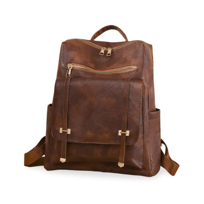 Sac à dos rétro en cuir synthétique pour femme marron - حقيبة ظهر نسائية من الجلد