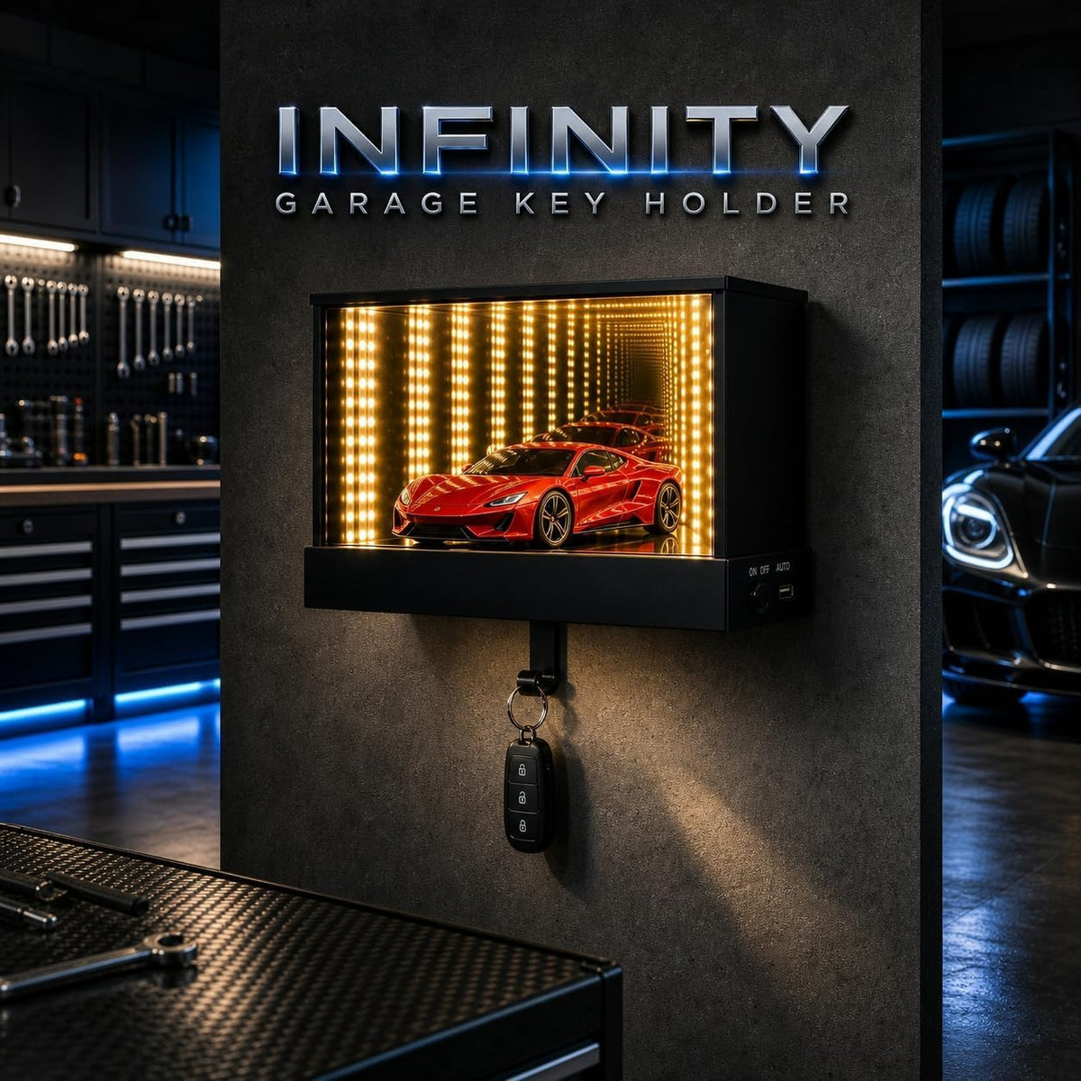 Infinity Mirror LED Garage avec Porte-Clés et Détecteur de Mouvement - صندوق مرآة لا نهائية بإضاءة وحامل مفاتيح ذكي (بدون سيارة)
