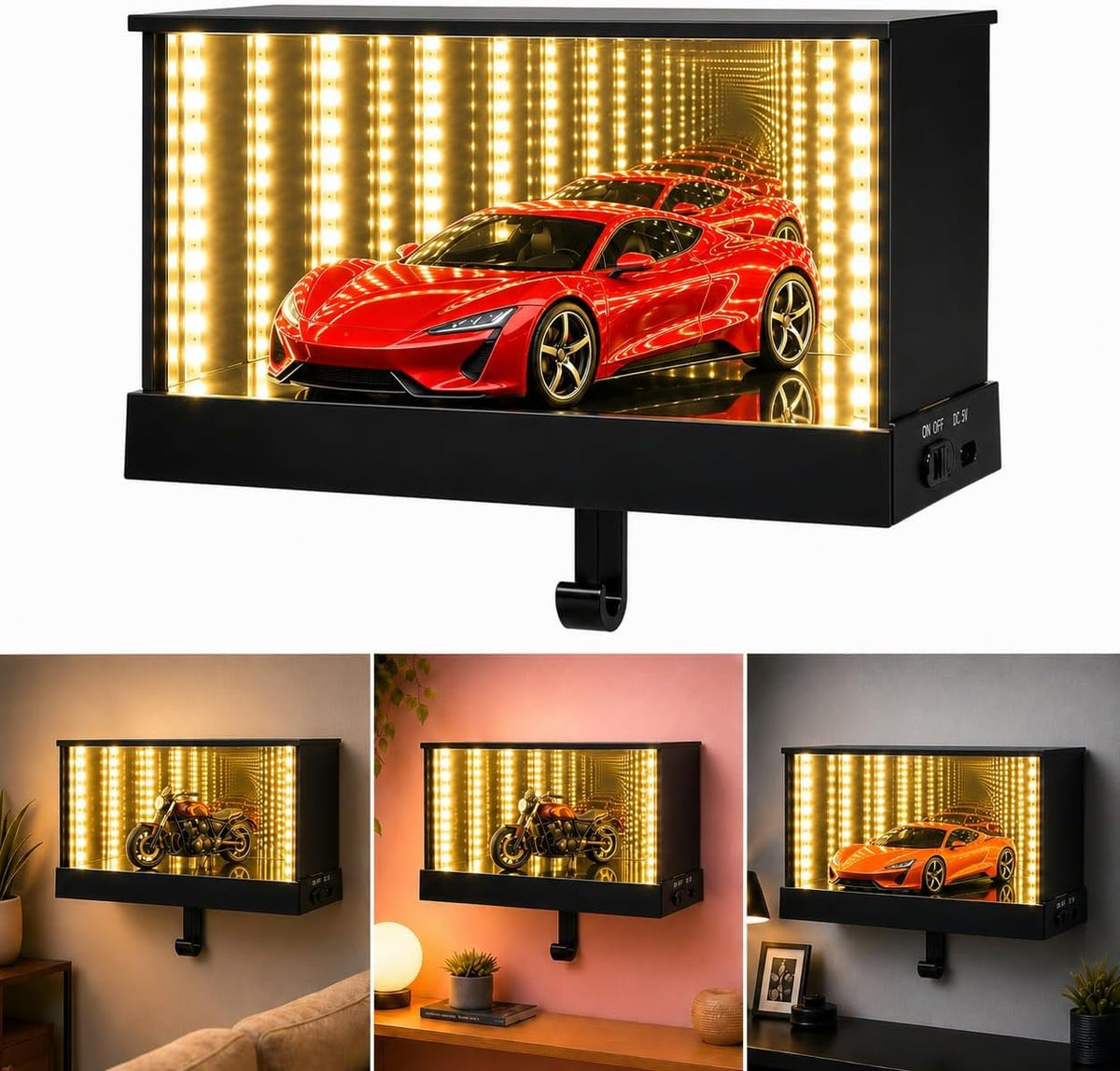 Infinity Mirror LED Garage avec Porte-Clés et Détecteur de Mouvement - صندوق مرآة لا نهائية بإضاءة وحامل مفاتيح ذكي (بدون سيارة)