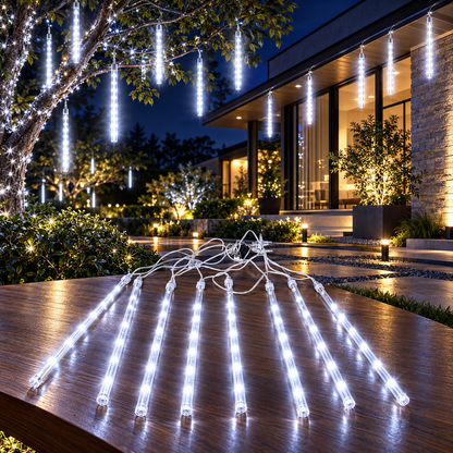 Lumière de Pluie de Météores LED Blanc 8 Pièces pour Extérieur - أضواء شهب متساقطة بيضاء لتزيين الحدائق والواجهات 8 قطع