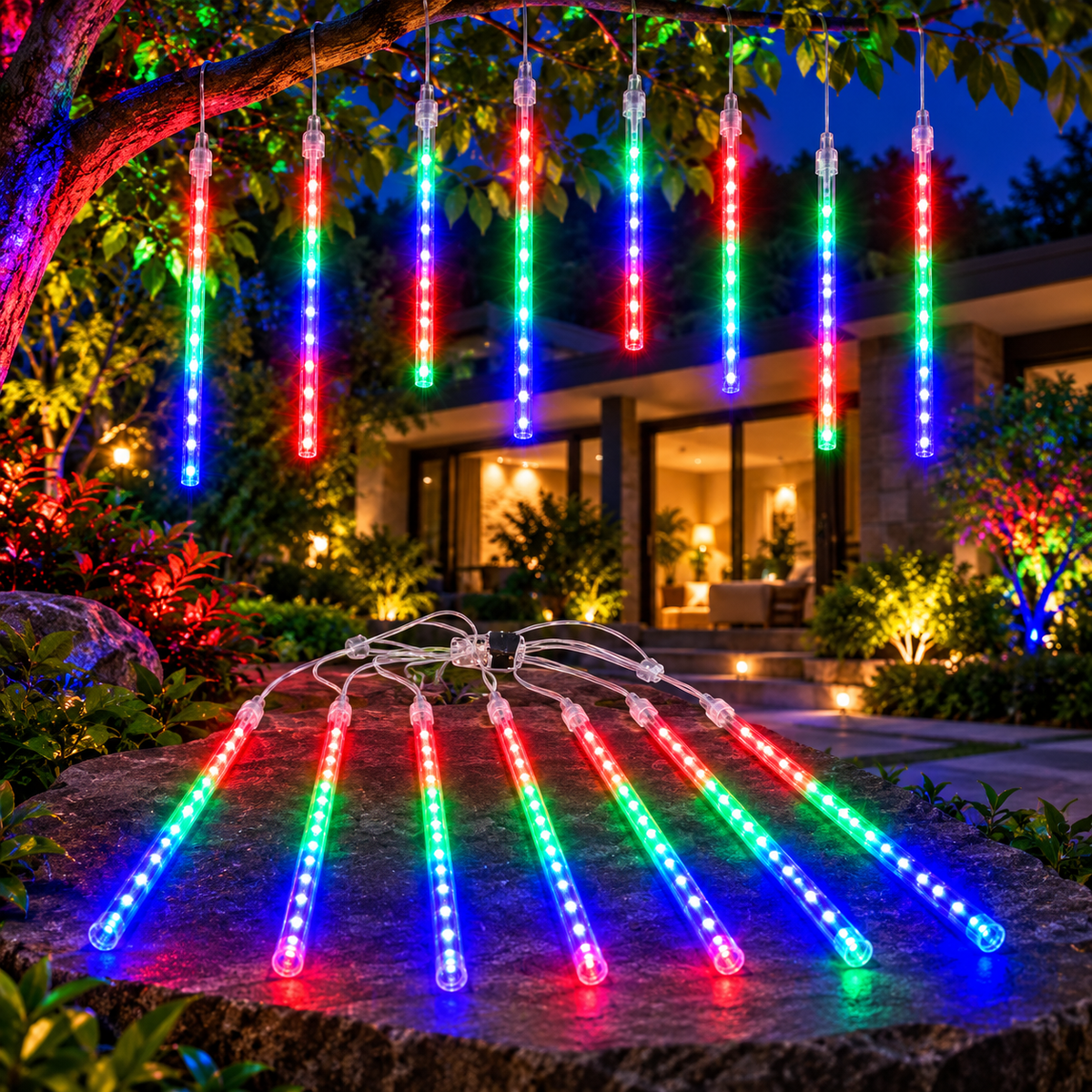 Lumière de Pluie de Météores LED RGB 8 Pièces pour Extérieur - أضواء شهب متساقطة ملونة لتزيين الحدائق والواجهات 8 قطع
