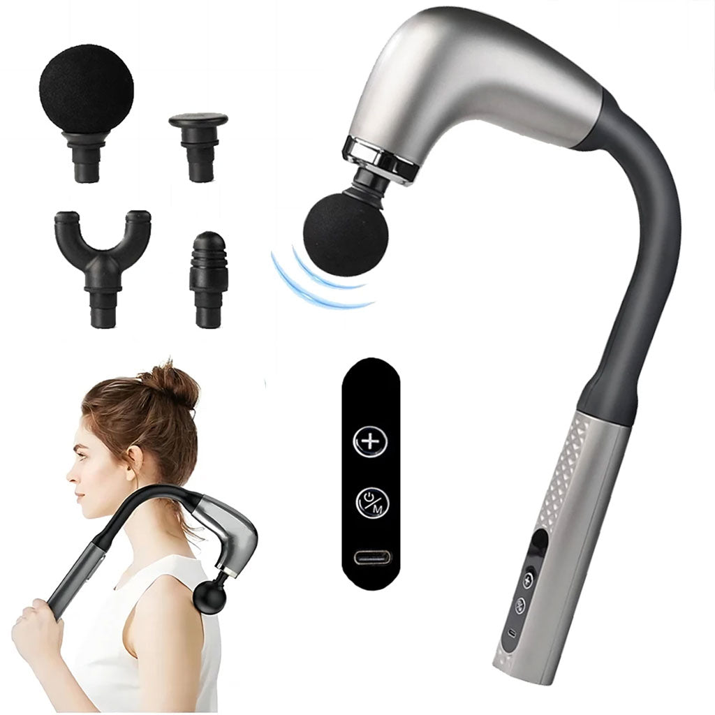 Pistolet de massage poignée allongée avec 4 têtes, 3 modes et 6 niveaux – جهاز تدليك الجسم تنزوت