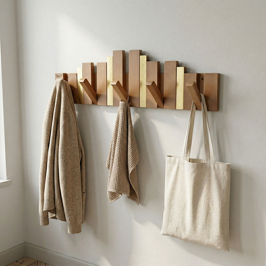Porte-Manteau Mural Design Piano en Bois avec Touches Dorées - علاقة ملابس خشبية