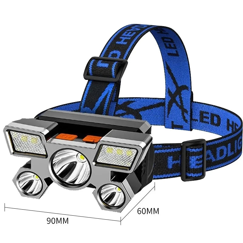 Lampe frontale portable rechargeable USB à 5 LED avec batterie intégrée